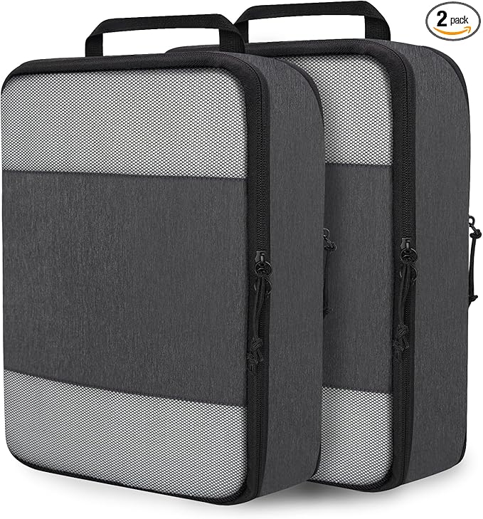 Extra Large Compression Packing Cubes for Travel Essentials, 2 Set Expandable Compression Bags for Travel Packing Cubes for Suitcase Luggage Organizer Bags, Black Mesh