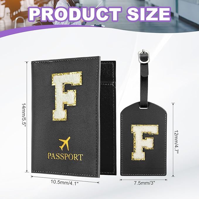 PATIKIL Passport Holder for Travel, Initial Passport Cover and Luggage Tag Set with Alphabet Chenille Letter Patch Travel Wallet Bag Suitcase Identifier for Women Family Travel Black F