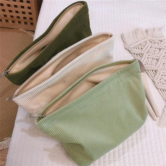 HAPPYHEIDI Large Corduroy Makeup Bag with Compartment Cosmetic Toiletry Travel Pouch Office Car Accessory Organizer, Soft Creamy White