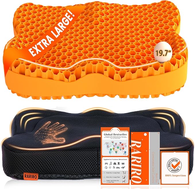 Enlarged 19.7" Gel Seat Cushion, Egg Gel Chair Pads for Wheelchair Pressure Coccyx Sciatica Pain Relief, Cooling Desk Seat Cushion for Kayak, Car, Office Chair Long Sitting[Orange]