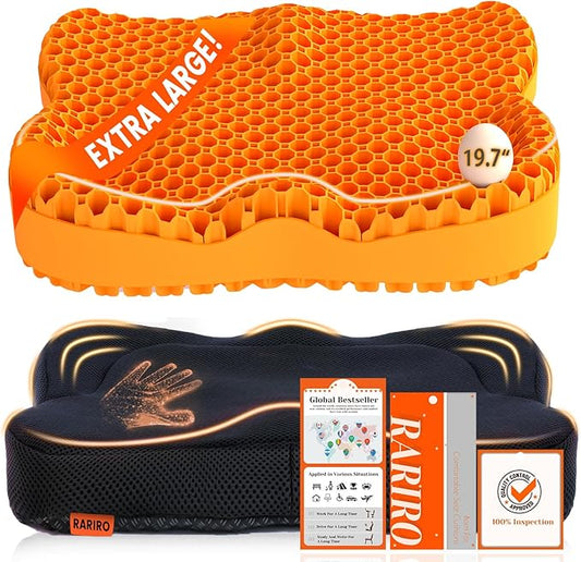 Enlarged 19.7" Gel Seat Cushion, Egg Gel Chair Pads for Wheelchair Pressure Coccyx Sciatica Pain Relief, Cooling Desk Seat Cushion for Kayak, Car, Office Chair Long Sitting[Orange]