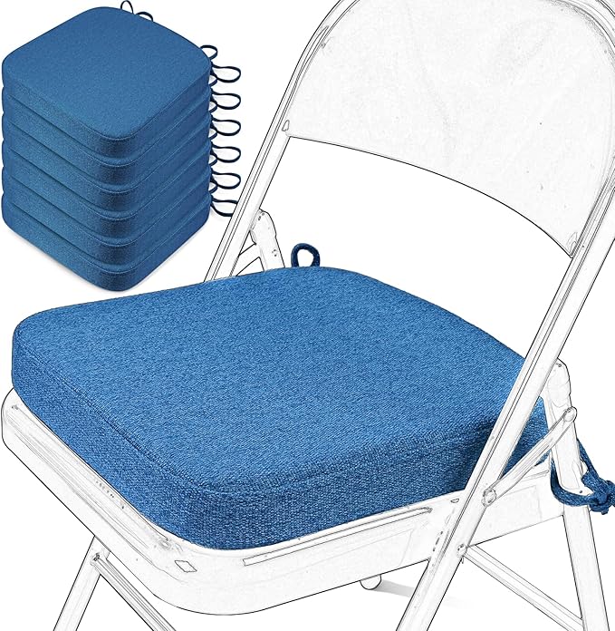 SINOSSO Memory Foam Chair Cushions for Folding Chairs 6 Pack, Thickened 2" Square Pads with Ties for Kitchen Chairs, Indoor Non-Slip Dining Chair Seat Cushions (6 Pcs, Dark Blue)