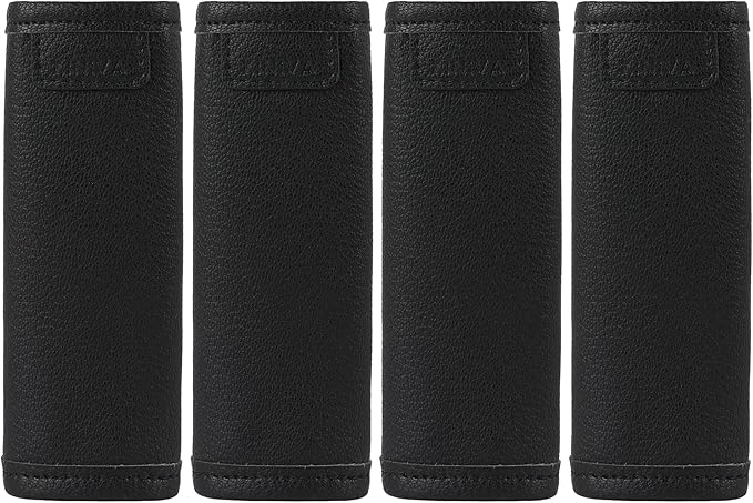 KINIVA Vegan Leather Luggage Handle Wraps, 4 Pack Set, Black, 5.7"x6.1" (Unfolded), 5.7"x2.4" (Folded), Travel Accessories, Suitcase Markers