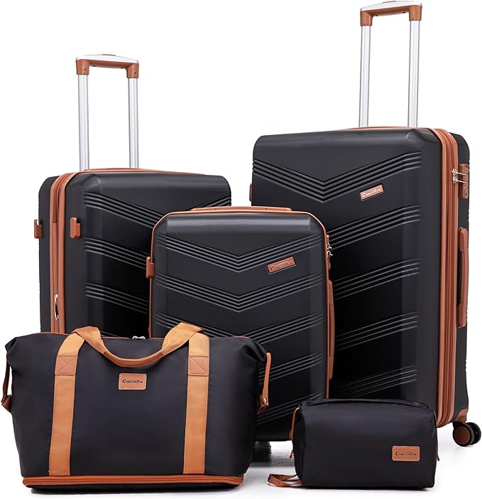 Expandable Luggage Sets 5 Piece, Hard Case Suitcase Set with Spinner Wheels,22x14x9 Airline Approved Carry on,Lightweight Durable Suitcase with TSA Lock (Black)