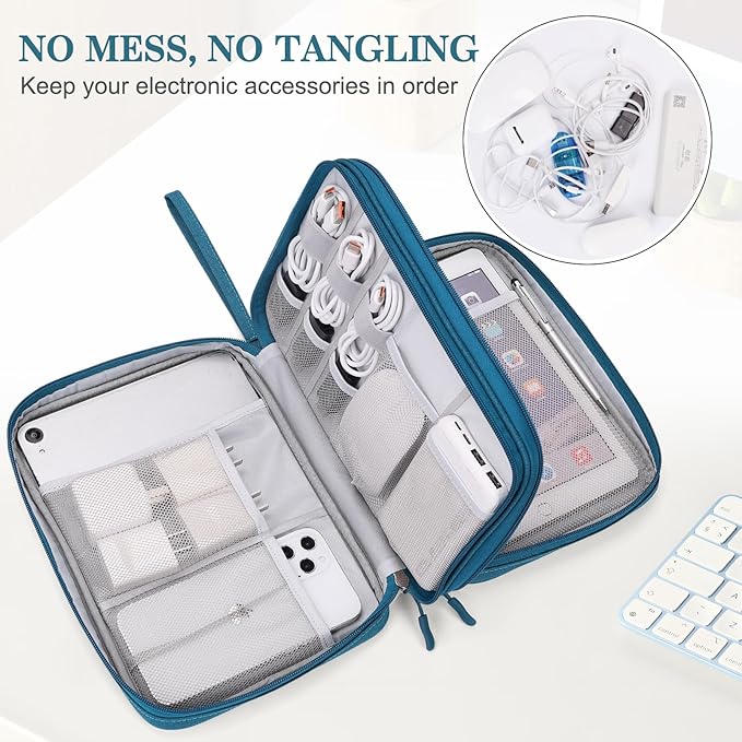 FYY Electronic Organizer, Extra Large Travel Cable Organizer Bag Pouch Portable Waterproof Double Layers All-in-One Storage Bag for iPad, Cable, Power Bank, Laptop Charger for Office/Home, Dark Green