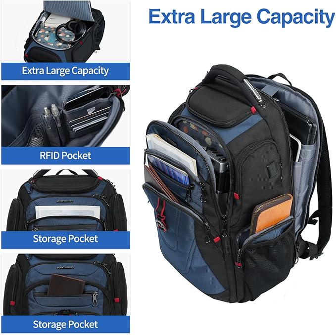 KROSER Friendly Travel Laptop Backpack 17.3 inch XXXL Gaming Backpack Water-Repellent College Daypack Business Backpack with RFID Pockets & USB Port for Men/Women-Black/Haze Blue