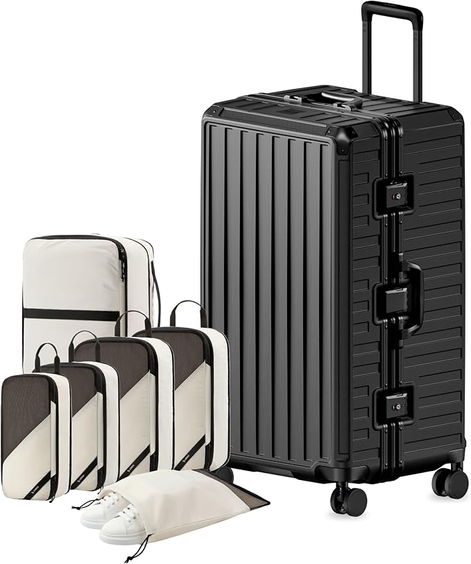 LUGGEX Checked Suitcase with Spinner Wheels, 8010S Aluminum Frame Zipperless Polycarbonate Hard Shell Suitcase with 5 Packing Cubes and a Shoe Bag (ZX-Core, Black, 30 Inch)
