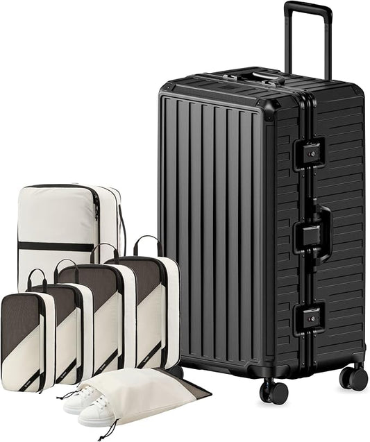 LUGGEX Checked Suitcase with Spinner Wheels, 8010S Aluminum Frame Zipperless Polycarbonate Hard Shell Suitcase with 5 Packing Cubes and a Shoe Bag (ZX-Core, Black, 30 Inch)