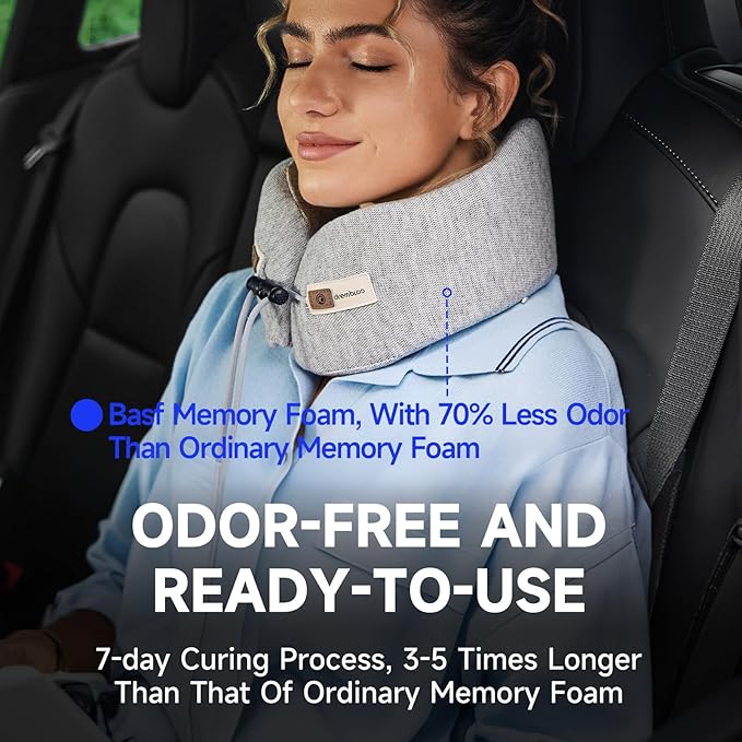 Neck Pillow Airplane, 100% Pure Memory Foam, Comfortable Breathable Cover, Travel Pillows for Airplanes, Ergonomic Design, Neck Pillow for Traveling, Airplane Pillow Flight Train, Gray