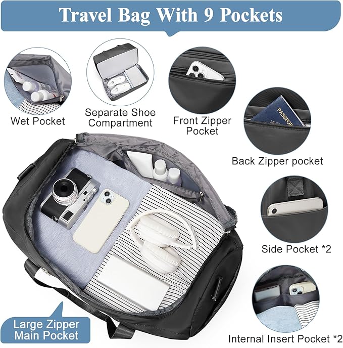 Travel Duffel Bag for Women, Carry-on Overnight Weekender Bags with Wet Pocket & Toiletry Bag, For Spirit Airlines 18x14x8 Personal Item Bag,3 Pcs Set,Small,Black