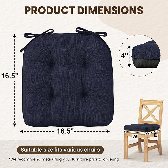 downluxe Indoor Chair Cushions for Dining Chairs, Tufted Overstuffed Textured Kitchen Chair Pads with Ties and Non-Slip Backing, 16.5" x 16.5" x 4", Navy, 4 Pack