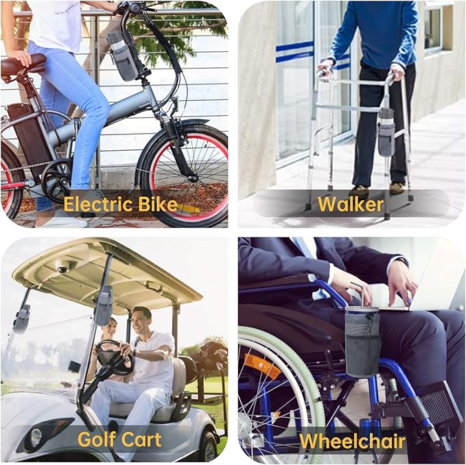 GEARV 2Pack Cup Holder for Bike, Scooter and Wheelchair, Water Bottle Holder for UTV/ATV, Walker, Golf Cart and Beach, Universal Drink Holder Accessories with Net Pocket and Cord Lock (Gray)