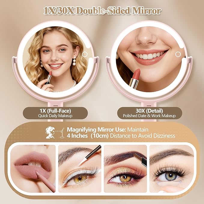 MOMOKUBA Makeup Mirror with Lights, Double Sided 1x/30x Magnifying Mirror with Light, Rechargeable 3 Color Lights and Adjustable Brightness, 360° Rotation Detachable Comes with Tweezer(Blush-30X)