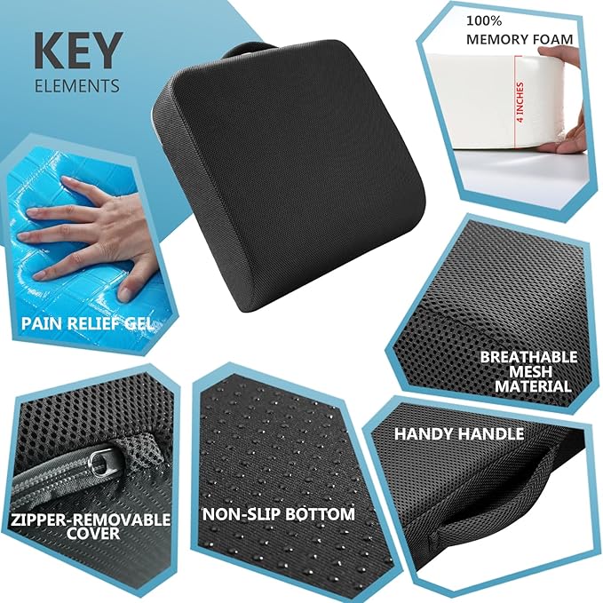 YOUFI Extra Thick Large Seat Cushion -19 X 17.5 X 4 Inch Gel Memory Foam Cushion with Carry Handle Non Slip Bottom - Pain Relief Coccyx Cushion for Wheelchair Office Chair (Black (1PACK))