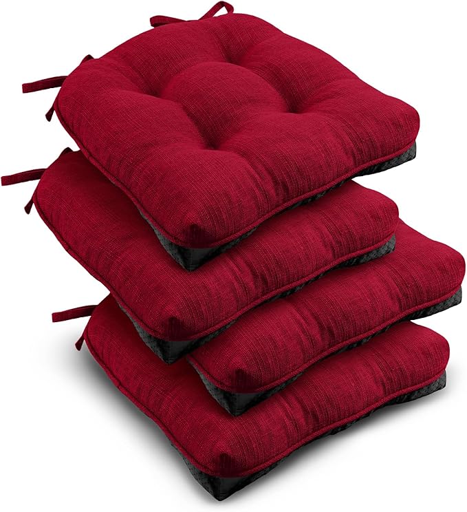 downluxe Indoor Chair Cushions for Dining Chairs, Tufted Overstuffed Textured Kitchen Chair Pads with Ties and Non-Slip Backing, 15.5" x 15.5" x 4", Red, 4 Pack