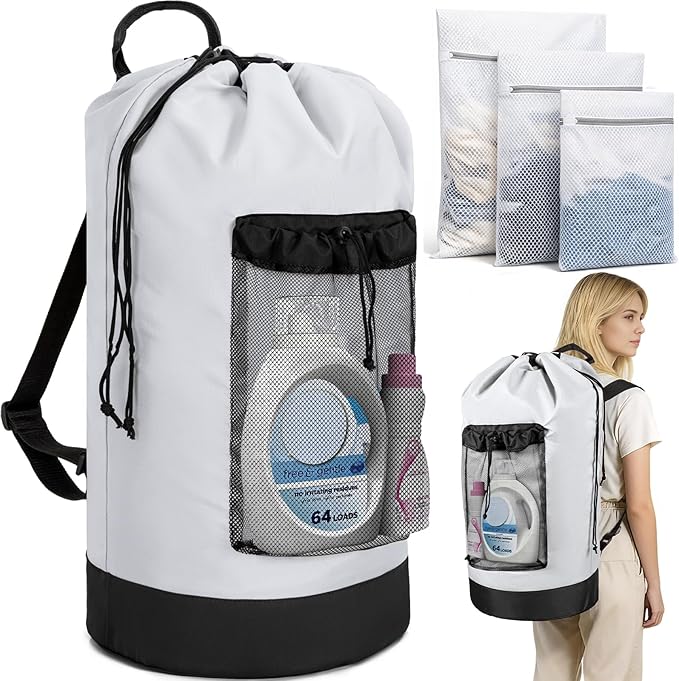150L Laundry Bag Backpack with 3 Sizes Mesh Wash Bags and Shoulder Straps Foldable Clothes Hamper Bag with Drawstring Closure for College, Apartment, Laundromat (White)