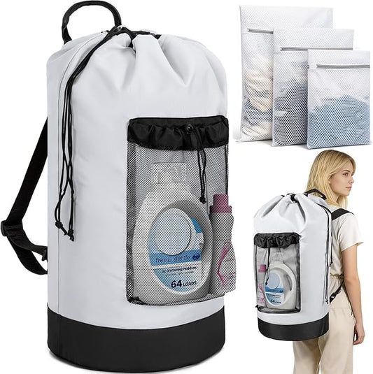 150L Laundry Bag Backpack with 3 Sizes Mesh Wash Bags and Shoulder Straps Foldable Clothes Hamper Bag with Drawstring Closure for College, Apartment, Laundromat (White)