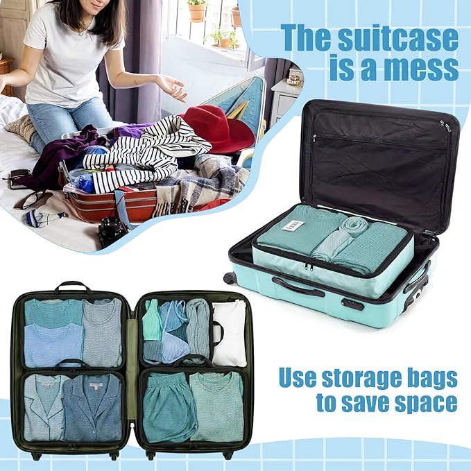 7 Pcs Packing Cubes for Travel Large Days of Week Compression Packing Cube with Labels Luggage Organizers Storage Bag(Blue)