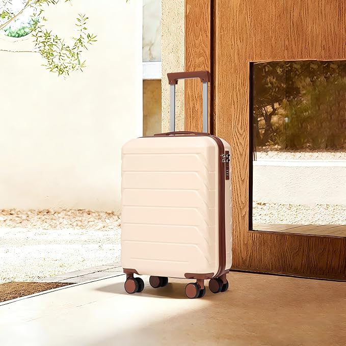 20 Inch Carry On Luggage, Lightweight ABS Hard Shell Suitcase with Spinner Wheels, Durable Travel Luggage with Combination Lock & Side Hooks for Men Women, Beige