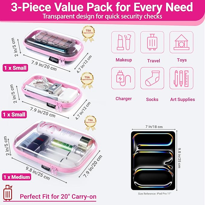 YQBRAO 3 Pack Hard Sided Clear Zipper Case for Storage- Thickened-Grade Clear Hard Shell Zipper Case for Organizing Bead, Handicrafts, Sewing, Toiletries, Makeup (Pink)