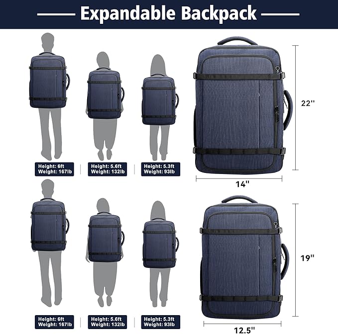 Travelability Carry On Backpack,Expandable 1-7 DAYS Roomy Travel Backpack with USB Cable Port,Anti Theft Water Resistant Fits 18.4"Laptop Large Business Backpack for Men Women,Flights Approve,Blue