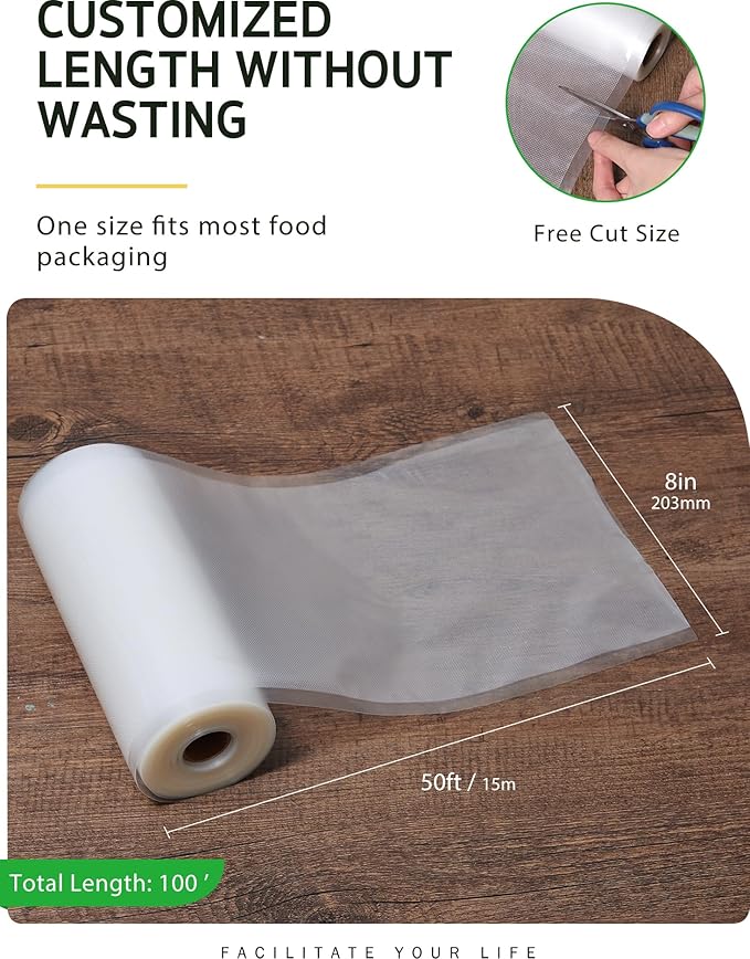 Syntus Vacuum Sealer Bags, 2 Rolls 8" x 50' Commercial Grade Bag Rolls, BPA Free Food Vac Bags for Storage, Meal Prep or Sous Vide