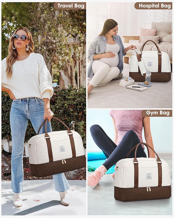 Weekender Travel Duffle Bag for Women: Overnight Bags with Shoe Compartment Carry on duffel Bag for Airplanes with 2 PCS Toiletry Bags Weekend Yoga Gym Hospital Bag with Wet Pocket Brown