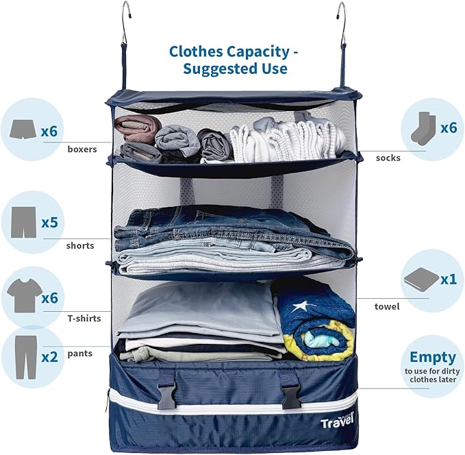 Grand Fusion Stow-N-Go Packing Organizer for Luggage, Portable Hanging Travel Shelves, Carry-On Closet, Hanging Packing Cubes, Collapsible Carry-On Organizer for Cruises & Hotels. Blue - XL