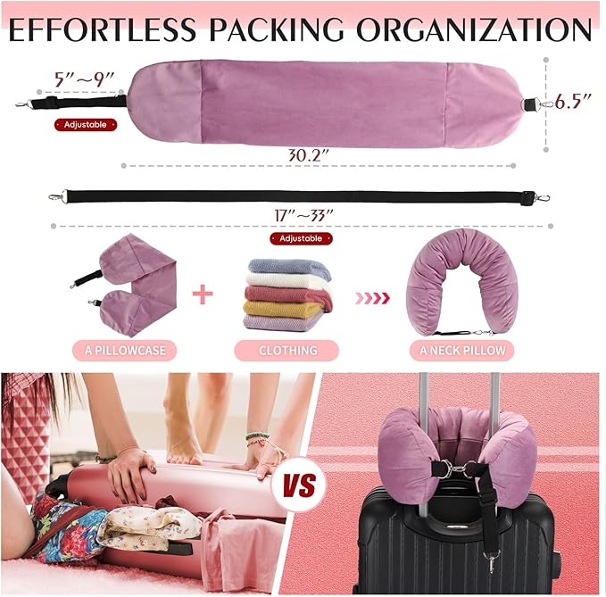 Stuffable Travel Pillow, Stuffable Neck Pillow for Travel, Neck Pillow Stuffed with Clothes Storage - No Extra Baggage Fees, Fits 5+ Days of Travel Essentials, No Filler (Pink)