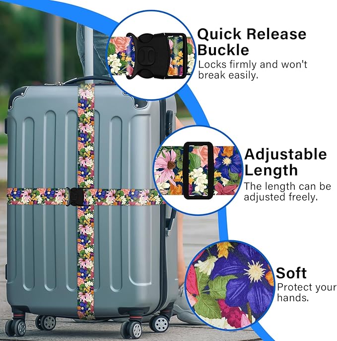 2 Pack Luggage Straps for Suitcases, Adjustable Travel Belt with Double Lock and Quick Release Buckle, Heavy Duty Nylon Bag Packing Strap, Bright Identifiers Business Travel Accessories-Flower Garden
