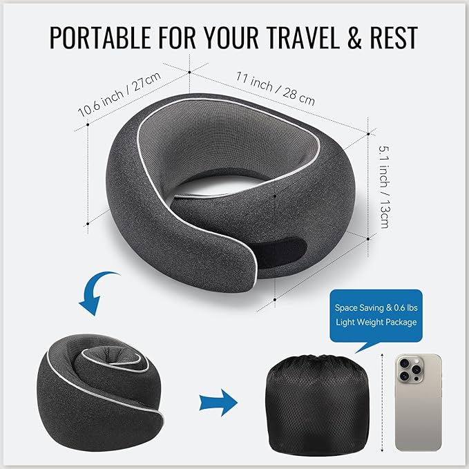 Travel Pillow, Memory Foam Travel Neck Pillow with Ergonomic 360° Support, Travel Essentials for Plane, Car, Train and Home, Max Gray