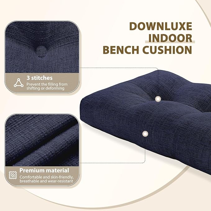 downluxe Indoor Bench Cushion for Indoor Furniture, Non-Slip Tufted Overstuffed Textured Foam Bench Seat Cushion, 36" X 14" X 4", Navy, 1 Pack
