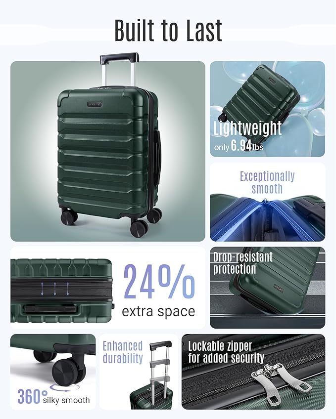LIGHT FLIGHT Carry On Luggage 22x14x9 Airline Approved, Expandable Carry On Suitcases with Wheels, Lightweight Luggage, Durable Hard Shell 20 Inch Rolling Suit Case for Men Women Travel, Deep Green