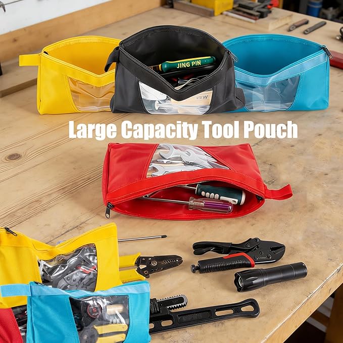QCWN 4 Pack Tool Pouches with Zipper - 13.7" Heavy Duty 1680D Small Tool Bag with Clear Window - Waterproof Utility Storage Organizer for Electrician, HVAC, Mechanic (Red/Yellow/Blue/Black)