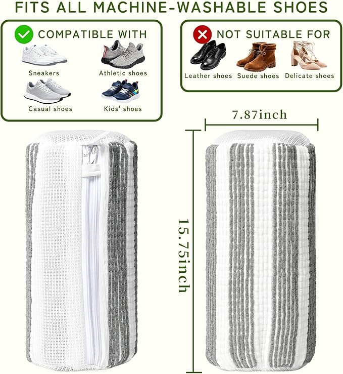 Anybar Shoe Washing Machine Bag –2 Pcs Reusable Laundry Shoe Bag 360° Deep Cleaning Sneaker Washing Machine Bag Fits All Shoe Types Microfiber Inside with Self-locking Zipper (Grey White)