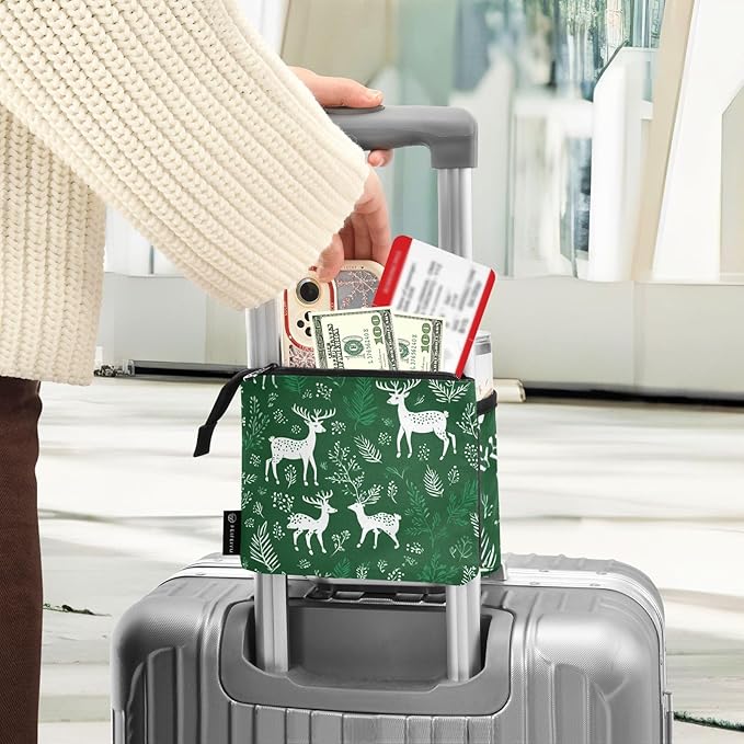 Green Christmas Deers Plants Luggage Cup Holder Travel Portable Free Hand Drink Carrier Suitcase Drinks Beverage Holder Carry-On Bottle Mug Holder Organizer Bag Travelers Accessories
