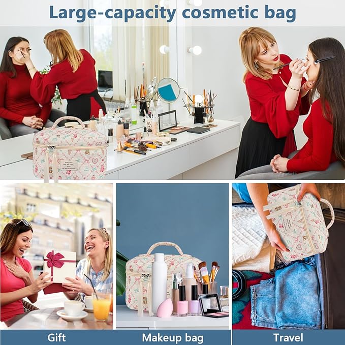 Large Makeup Bag, Cute Cosmetic Bag for Women Girls, Floral Coquette Aesthetic Toiletry Bag, Travel Make Up Organizer Bag(Love Bear