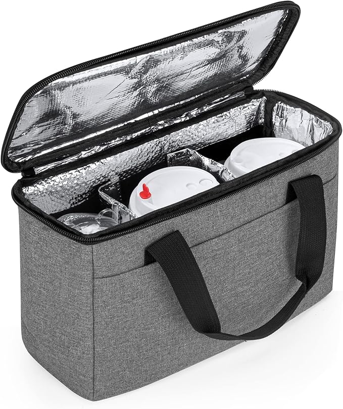 Trunab Reusable 3 Cups Drink Carrier for Delivery with Adjustable Dividers, Insulated Drink Caddy Holder Bag for Take Out, Beverages Carrier Tote with Handle for Outdoors,Patented Design, Grey