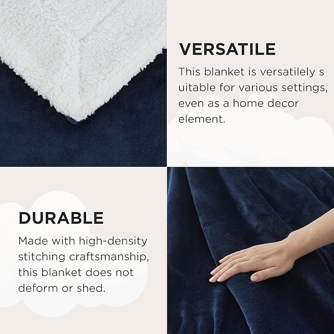 Bedsure GentleSoft Sherpa Fleece Throw Blanket for Couch, Non-Heated, Thick and Warm Throw for Women and Men, Soft Fuzzy Plush Weight Blanket for Winter, Navy, 50x60 Inches