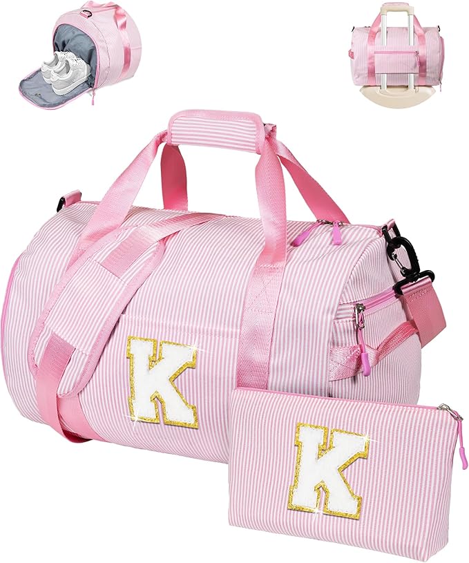 Gift for 11 Year Old Girl, Girls Travel Duffle Bag, Kids Initial Overnight Bags with Shoe Compartment, Personalized Weekender Bag with Makeup Pouch, Dance Recital Gifts (Letter K)