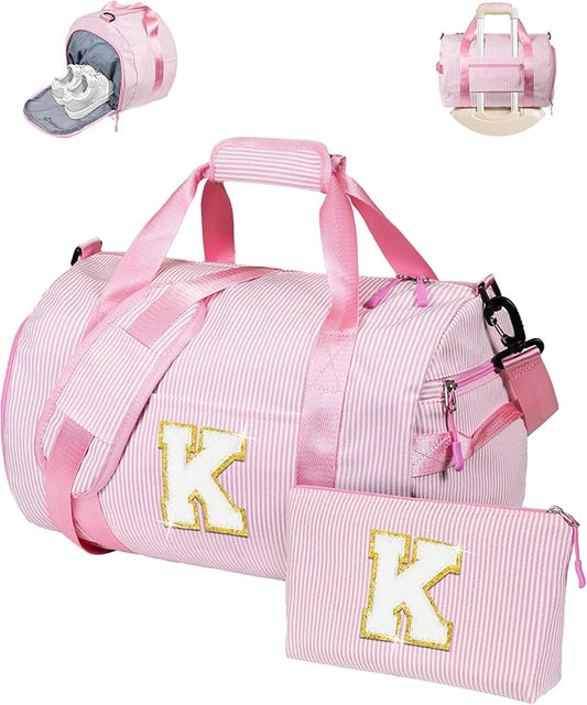 Gift for 11 Year Old Girl, Girls Travel Duffle Bag, Kids Initial Overnight Bags with Shoe Compartment, Personalized Weekender Bag with Makeup Pouch, Dance Recital Gifts (Letter K)