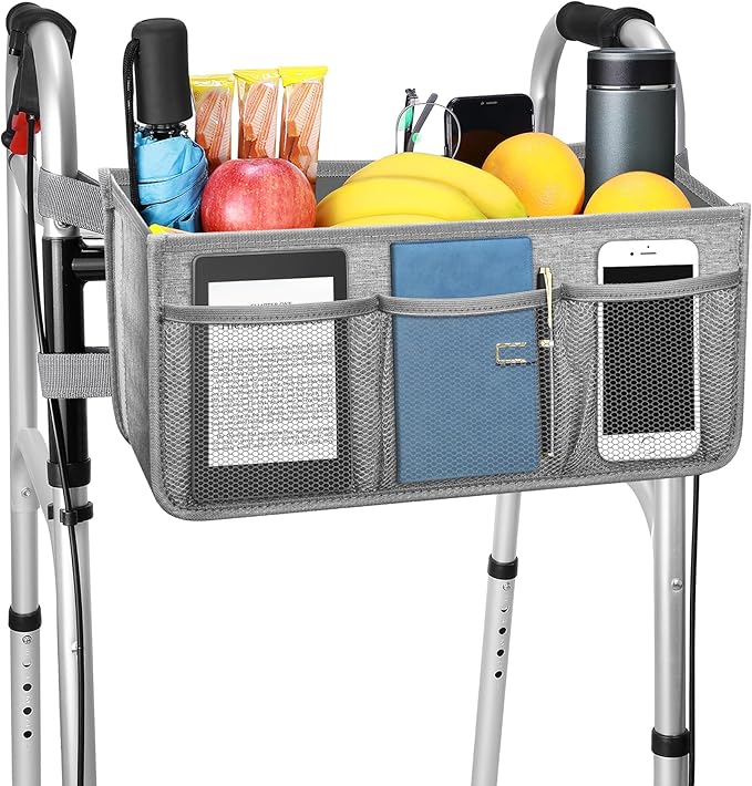 Dotday Upgraded Walker Basket with Cup Holder, Foldable Walker Bag with Large Capacity & Never Tipping Over, Not Fit for Rollator - Grey