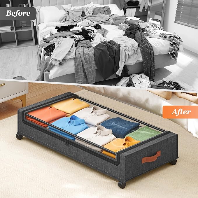 Yecaye 70L Under Bed Storage with Wheels, 2Pack Larger Capacity Under Bed Storage Containers, Underbed Shoe Storage Organizer, Rolling Under Bed Metal Drawers for Shoes, Clothes, Hemp Grey