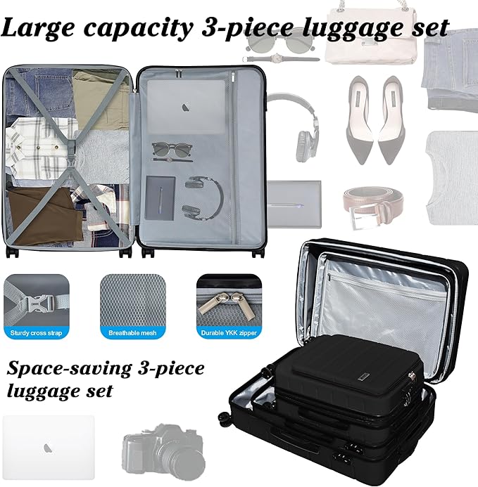 SmileLine 3-Piece Luggage Set Lightweight Hardside Suitcase TSA Lock Spinner Wheels, 20" Expandable Carry-On Luggage with Quick Access Front Open Pocket, Bonus Makeup Bag,Black