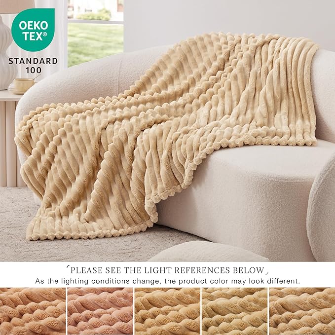 EXQ Home Fleece Throw Blanket for Couch or Bed - 3D Stripe Jacquard Decorative Blankets - Cozy Soft Lightweight Fuzzy Flannel Blanket Suitable for All Seasons(50"×60",Camel)