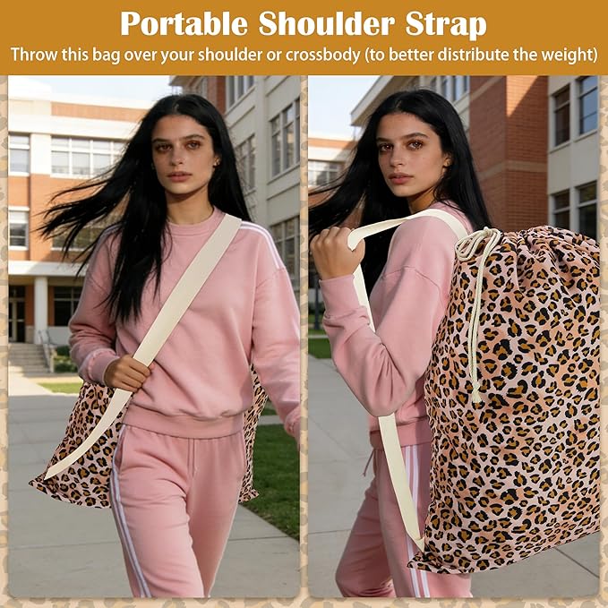 Canvas Laundry Bag with shoulder Strap 24"Wx 29"H, Large Drawstring Dirty Clothes Bag Washable Laundry Sack for College Dorm, Travel, Home, Camp (Leopard)