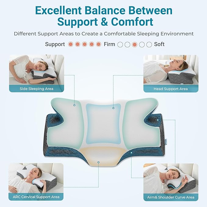 Elviros Cervical Neck Pillow for Sleeping, Memory Foam Pillow for Neck Pain Relief, Side Sleeper Cooling Pillows for Adults, Neck Support with Removable Pillowcase for Back & Stomach Sleepers