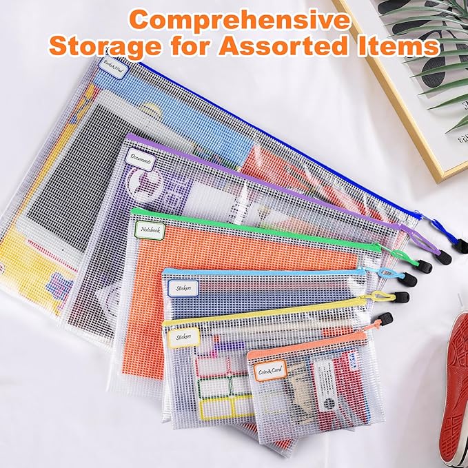 Mesh Zipper Pouch Bags: Clear Zipper Pouches for Classroom, Plastic Board Game Organizer and Storage, Multisize Clear Zipper Bags Waterproof for School and Office Supplies (6 Size, 12PCS, 6 Color)