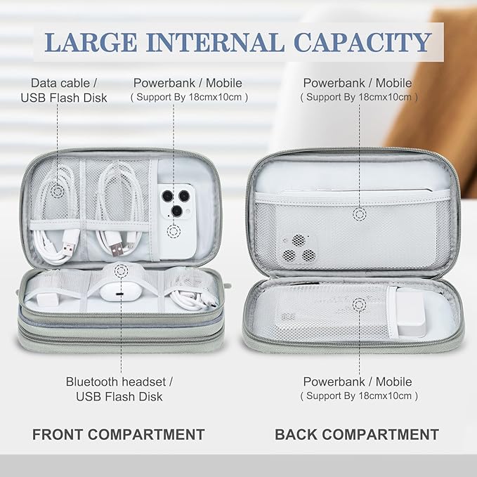 FYY Electronic Organizer, Travel Cable Organizer Bag Pouch Electronic Accessories Carry Case Portable Waterproof Double Layers Storage Bag for Cable, Charger, Phone, Earphone, Medium Size, Light Grey
