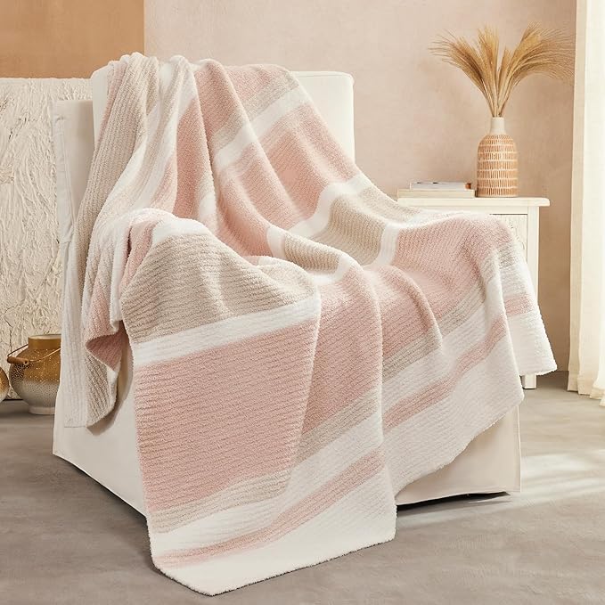 Throw Blanket, Soft Cozy Fluffy Striped Throw Blankets for Couch, Sofa, Bed, Chair, Warm Fuzzy Plush Lightweight Decorative Stripe Blanket, Pink Khaki, 50x60 inches